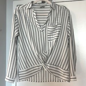 PAPER CRANE Tie Blouse. White Slate Blue Stripes. EUC Sz S